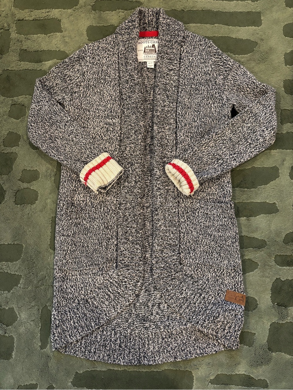 Roots Marled Gray Open-Front Cardigan with Red-Trim Cuffs